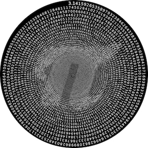 May include: A circular black graphic featuring the digits of pi arranged in a spiral pattern starting from the center and expanding outward to the edge, with the sequence beginning with 3.14159 at the top and continuing in white text.
