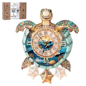 May include: A 3D wooden puzzle wall clock shaped like a sea turtle with a Roman numeral dial. The center features a layered ocean scene with waves and coral. Three starfish hang from the bottom. The packaging box is labeled 3D WOODEN PUZZLE.