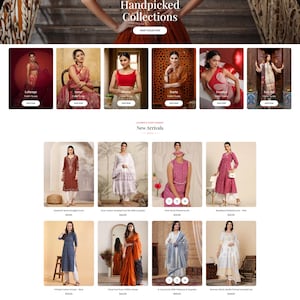 May include: A website landing page for an online clothing store featuring a hero image of a person in an orange dress, followed by a grid of various traditional garments including lehengas, sarees, blouses, kurtas, and dresses with prices.