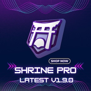 May include: A purple and white shield-shaped icon featuring a stylized torii gate graphic. Below the icon, white text reads SHOP NOW, followed by the bold white text SHRINE PRO and LATEST V1.9.0, set against a dark blue background with neon lines.