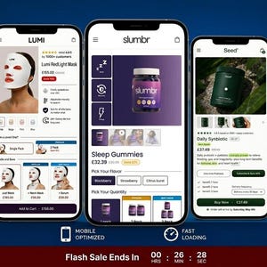 Puede incluir: Tres smartphones que muestran páginas de productos de comercio electrónico. El primero muestra una Lumi RedLight Mask, el segundo Sleep Gummies y el tercero Daily Synbiotic. La imagen incluye un temporizador de cuenta regresiva y el texto "Flash Sale Ends In".
