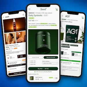 May include: Three smartphones displaying e-commerce product pages. One shows a skincare serum, another a dark green supplement container labeled "Seed," and the third features a green powder supplement called "AG1 Greens Blend."