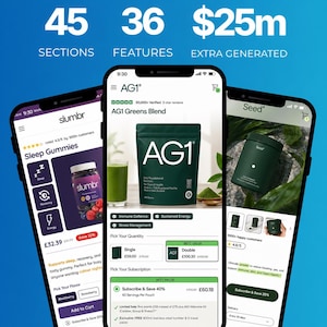 May include: Three smartphones displaying product information. One shows "slumbr" sleep gummies, another features "AG1 Greens Blend", and the third showcases "Seed" products. The image includes text such as "45 Sections", "36 Features", and "$25M Extra Generated".
