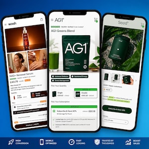 以下が含まれることがあります： 3つのスマートフォンがeコマース製品ページを表示しています。1つはスキンケア製品、もう1つはAG1 Greens Blend、3つ目はSeed製品です。AG1ページには、緑色の粉末ポーチとグリーンスムージーのグラスが含まれています。