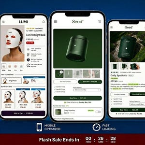 May include: Three mobile phone screens displaying e-commerce product listings. The first shows a Lumi RedLight Mask, the second a Seed product, and the third a Daily Synbiotic product. The bottom banner reads "Flash Sale Ends In" with a timer.