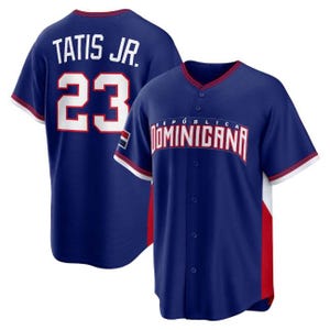 Camiseta de Fernando Tatis Jr. número 23 de la República Dominicana, bordada, color azul marino.