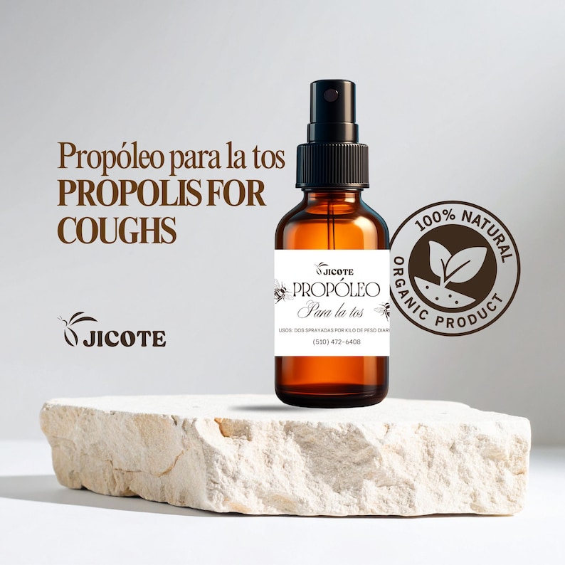 May include: A brown glass spray bottle with a black cap, labeled "Prop&oacute;leo para la tos PROPOLIS FOR COUGHS." The bottle is on a white stone surface, with a "100% Natural Organic Product" seal. The brand name "JICOTE" is also visible.