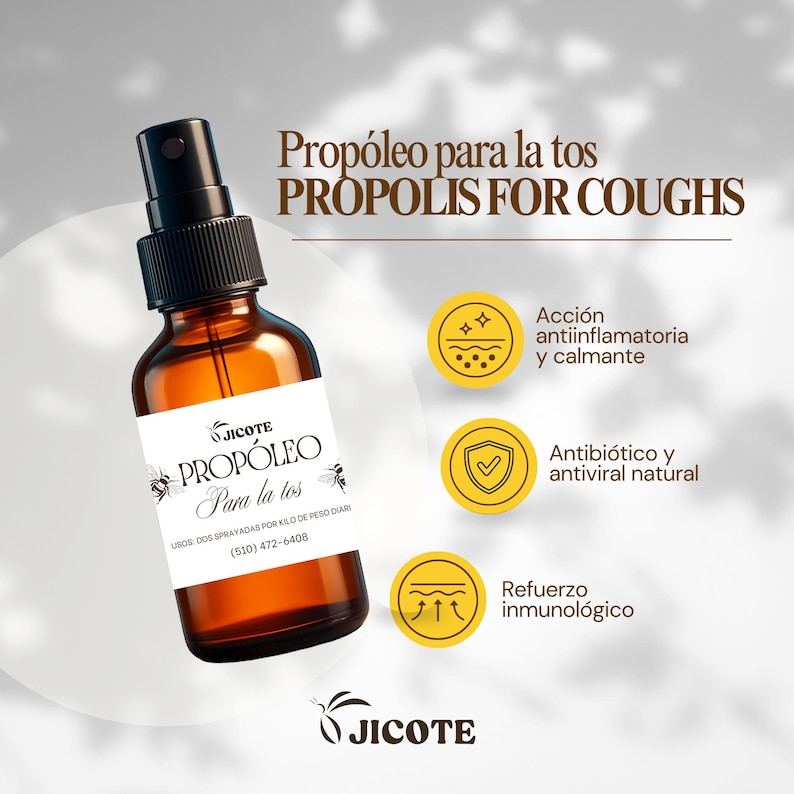 May include: A brown glass bottle with a black spray top, labeled "PROP&Oacute;LEO Para la tos PROPOLIS FOR COUGHS." The label includes text in Spanish and English, along with icons indicating anti-inflammatory, antiviral, and immune-boosting properties.