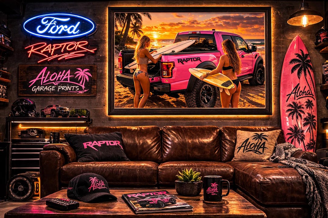 Pink Ford Raptor Surf Truck Poster, Beach Sunset Wall Art (digital ...