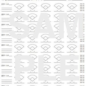 May include: A baseball score sheet featuring a grid of baseball diamond diagrams. The sheet includes lines for recording game details such as the date, and player information. The word "SAMPLE" is printed across the center.