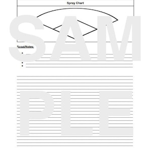May include: A white sheet of paper featuring a "Spray Chart" title, lines, and text fields. The word "SAMPLE" is overlaid on the image. Includes fields for "R/L #", "Vs:", "YOG: (", and "Scout/Notes:"