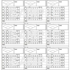 May include: A black and white baseball score sheet with sections for recording game details. It features spaces for player stats, team info, and notes. The word "SAMPLE" is printed across the center of the sheet.