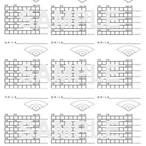 May include: A white baseball score sheet with nine sections, each featuring a baseball field diagram and boxes for recording game statistics. The text "SAMPLE" is watermarked across the sheet.
