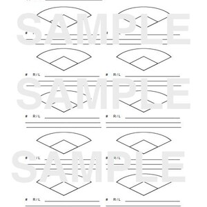 May include: A white baseball score sheet featuring several baseball field diagrams. The text "Opponent:" is at the top, with lines for entering details. The word "SAMPLE" is printed across the page.
