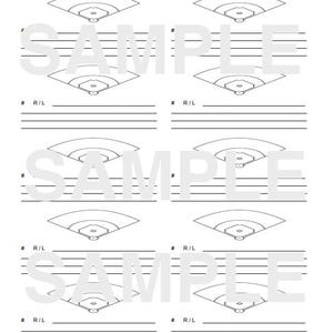 May include: A white baseball score sheet featuring several baseball field diagrams. The word "SAMPLE" is watermarked across the page. The sheet includes spaces for the opponent's name, player numbers, and R/L (Right/Left) designations.