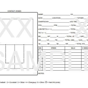 May include: A baseball contact zones and stats chart on white paper. The chart includes sections for player information, game details, and a key for pitch types. The word "SAMPLE" is watermarked across the image.