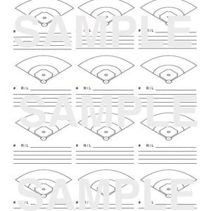May include: A white baseball lineup sheet featuring several baseball field diagrams. The sheet has spaces for player numbers, right/left-handed details, and a section for the opponent's name. The word "SAMPLE" is printed across the page.