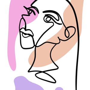 May include: Abstract line art illustration of a face in black against a white background. The artwork features a continuous line drawing of a profile, with pink, peach, and purple shapes in the background. Modern art.