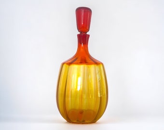 1960's Blenko Glass Decanter in Tangerine  Amberina, Model 6416 by Joel Myers