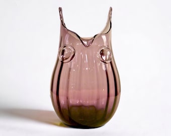 Murano Glass Owl Vase in Purple Amethyst, Vintage 1960's Italian Hand Blown Purple Glass Vase