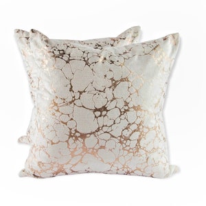 Pair of Pillow Covers in Luxurious Velvet by Romo, Black Edition Marmori Rose Gold Metallic Marbled Pattern, Foil Printed, 22&quot; x 22&quot;