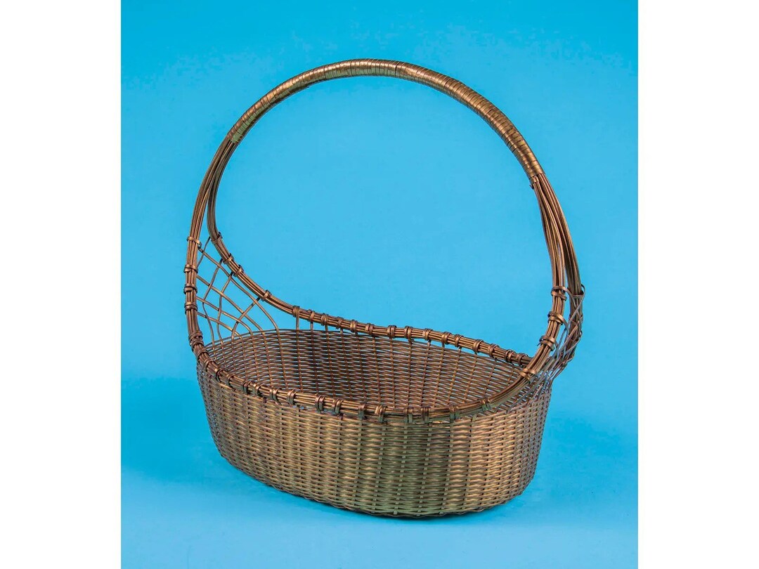 1960s Large Brass Basket, Midcentury Hand Woven Basket With Intricate