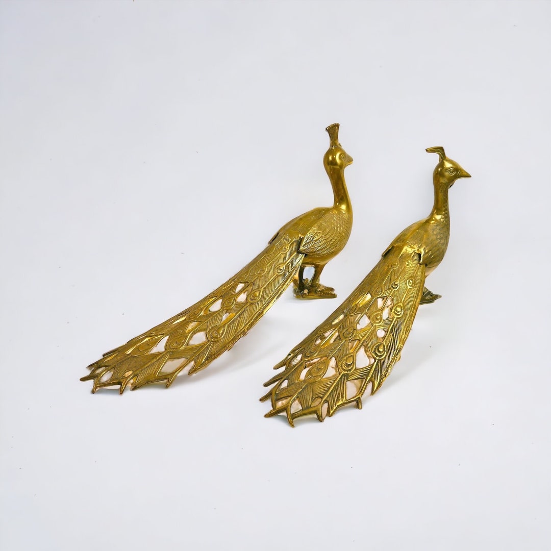Large Brass Peacock Figurines, Pair of Regency Brass Peacocks Including