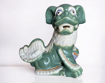 Vintage Large Ceramic Foo Dog, Green, Floor Standing