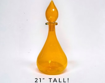 1960's Large Italian Glass Decanter & Stopper, Orange Color, Vintage Mid Century Collectible Decorative Glass