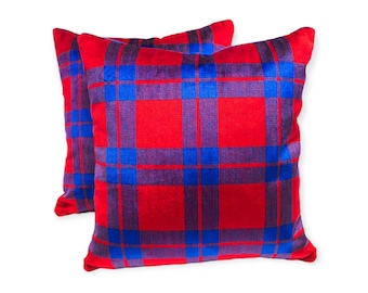 Pair of Pillow Covers made of Mid Century New Old Stock Plaid Velvet Fabric in Bold Blue and Red, Decorative Covers, 16" x 16"