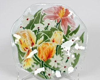 Vintage Peggy Karr Fused Glass Gerbera Daisy Plate, Floral Art