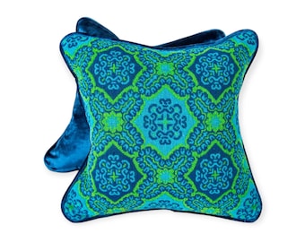 Pair of Pillow Covers in Upcycled Mid Century "Medallion" Textile and Velvet, Throw Pillow Covers, 16" x 16", Blue & Green, Vibrant Color