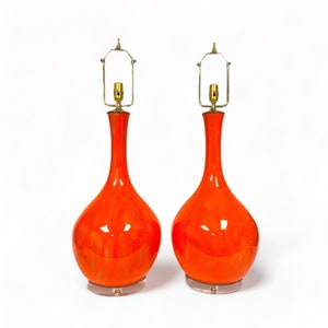 Pair of Oversized Mid Century Orange Ceramic Lamps with Acrylic Bases, Restored Vintage