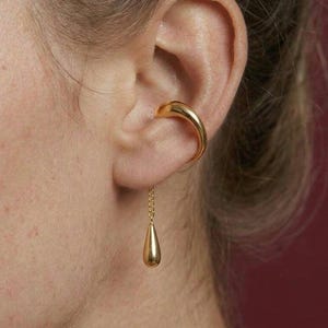 Örhänge utan piercing i guld med daggdroppskedja, brosklindning, 18K pläterad mässing, present till henne
