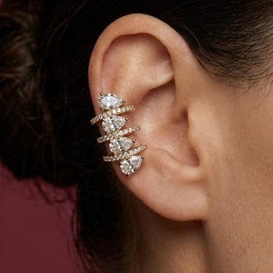 Ear Cuff No Piercing Crystal Gold Cartilage Wrap Brass Plated Statement Gift for Her