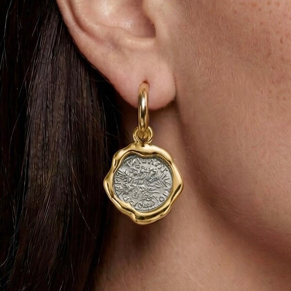 Coin Drop Earrings 18K Gold Plated Huggie Hoop Antique Coin Dangle Statement Gift for Her