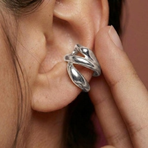 Ear Cuff No Piercing Silver Sculptural Triple Band Brass Silver Plated Statement Gift