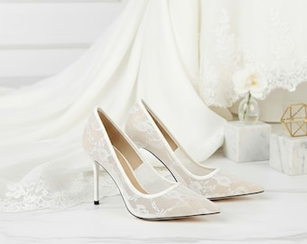Elfenbein Spitze Slingback Heels | Elegante Hochzeitsschuhe für Braut | Formelle Anlässe Pumps | Braut Heels