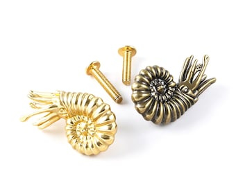 Solid Brass Ammonite Cabinet Knob, Nautical Fossil Drawer Pull, Coastal Seashell Handle
