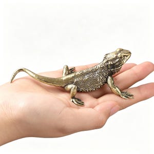 May include: A detailed bronze-coloured lizard figurine with textured skin and a long tail. The reptile is posed on a hand, showcasing its intricate design and lifelike features. This decorative piece is ideal for reptile enthusiasts or as a unique home accent.
