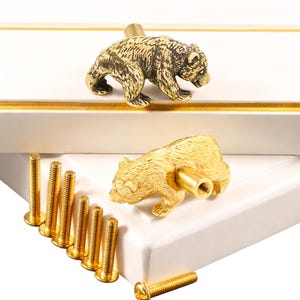 Könnte beinhalten: Zwei bärenförmige Schrankknöpfe aus Metall mit strukturierter Oberfläche, einer in antikem Messington und einer in poliertem Goldton. Das Set enthält sieben passende goldfarbene Metallschrauben für die Montage mit flachem Kopf.