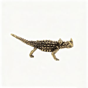 May include: A detailed, golden-colored metal figurine of a thorny devil lizard. The figurine has a textured surface with spikes and a long tail. The lizard is depicted in a walking pose.