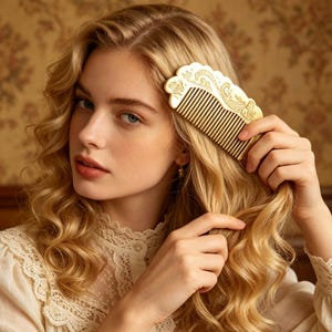 Puede incluir: Se muestra un peine dorado con un diseño ornamentado. El peine se utiliza en cabello rubio largo y ondulado. El mango del peine presenta un patrón decorativo detallado. El fondo tiene un diseño de papel pintado floral.