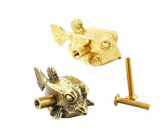 Tirador de armario con forma de pez cofre de latón, tirador de cajón con forma de pez globo, tirador de puerta de latón macizo con forma de animal marino.