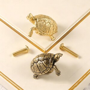 May include: Two gold-toned metal cabinet knobs shaped like turtles with detailed shell textures. Each turtle knob is accompanied by a matching gold-toned metal screw for installation, featuring a threaded shaft and a flat, rounded head design.