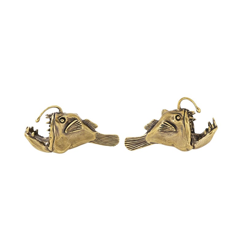 Tiradores de latón macizo con forma de pez pescador para armarios, tiradores de cajones con forma de animales marinos, pomos de decoración costera. Vintage Brass-1Pair