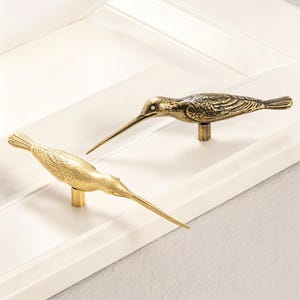 Puede incluir: Dos pomos para armario con forma de pájaro hechos de metal. Uno tiene un acabado en latón antiguo oscuro con texturas de alas detalladas, mientras que el otro tiene un acabado en tono dorado más brillante. Ambos tienen picos largos y puntiagudos.