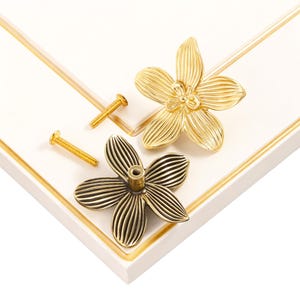 Puede incluir: Dos pomos para armario con forma de flor de cinco pétalos, con una superficie texturizada y acanalada. Un pomo tiene un acabado dorado brillante y pulido, mientras que el otro presenta un acabado en latón antiguo más oscuro. Incluye dos tornillos.