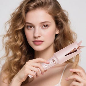 Puede incluir: Un rizador de pelo rosa claro con un diseño elegante. El rizador tiene un mango largo con botones de control y un barril giratorio. El dispositivo se está utilizando en el cabello de una persona, con el cabello envuelto alrededor del barril.