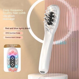 May include: A white hair comb with black bristles and multiple small nodes. The comb has the text "Deep frequency healthy hair comb vibration massage" and "Red and blue lights direct". A small inset shows red and blue lights.